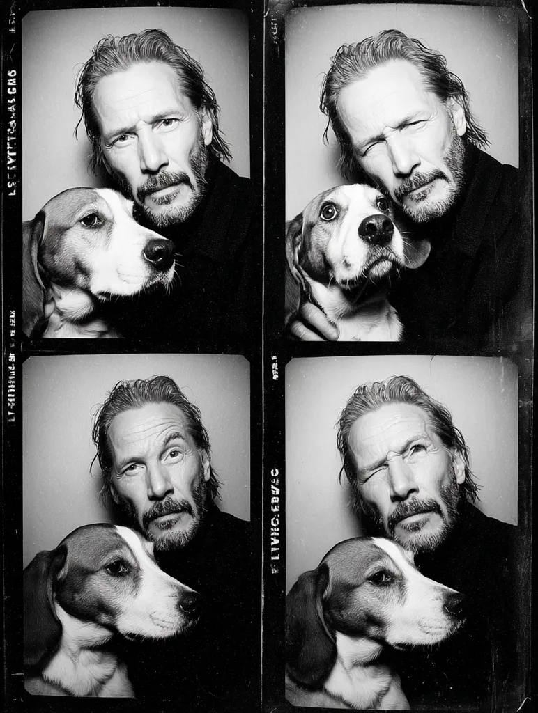 A black and white photo booth strip features a man with a beard and his dog.  The images are repeated twice, showing variations in the man's expression—serious and winking.  The man affectionately poses with the dog, who looks directly at the camera. The overall style is casual and intimate, capturing a tender moment between owner and pet.  The photo strip's borders are visible, adding to the vintage feel.
