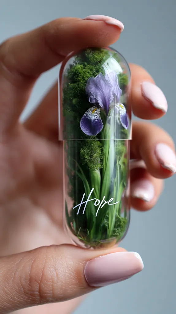 A hand gently holds a transparent capsule containing a miniature garden.  A delicate purple iris blooms amidst vibrant green moss and grass. The word "Hope" is subtly inscribed on the capsule, creating a poignant and artistic representation of resilience and nature's beauty.  The image evokes feelings of tranquility and optimism.