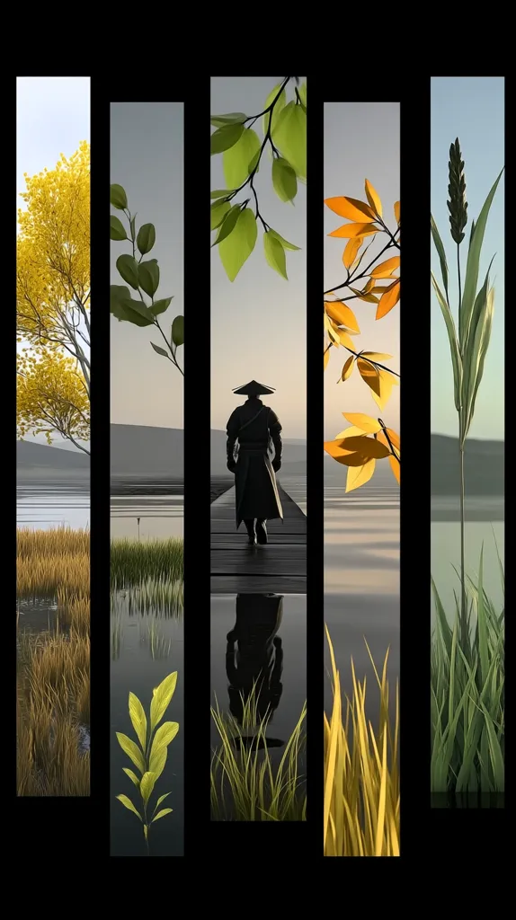 A lone figure, cloaked and hatted, walks a narrow path across still water.  Five vertical panels frame the scene, each showcasing a different stage of plant life: autumnal yellows, vibrant greens, and the muted tones of winter and spring grasses. The image evokes a sense of serenity and the cyclical nature of time.  The figure's reflection mirrors his journey, creating a visually balanced composition.