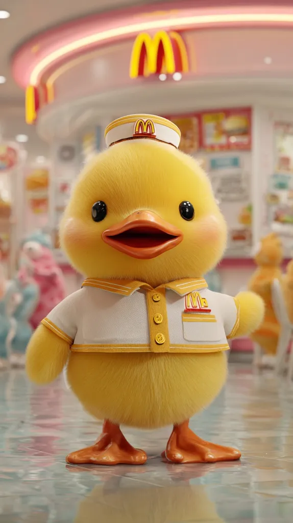 A cute, fluffy yellow duckling, wearing a McDonald's uniform complete with a small hat bearing the iconic "M" logo, stands in a brightly lit McDonald's restaurant.  The duckling is positioned slightly off-center, facing forward with a cheerful expression.  The background is blurred, showcasing the typical atmosphere of a fast-food establishment.  The overall image is bright, colorful, and conveys a sense of playful fun.