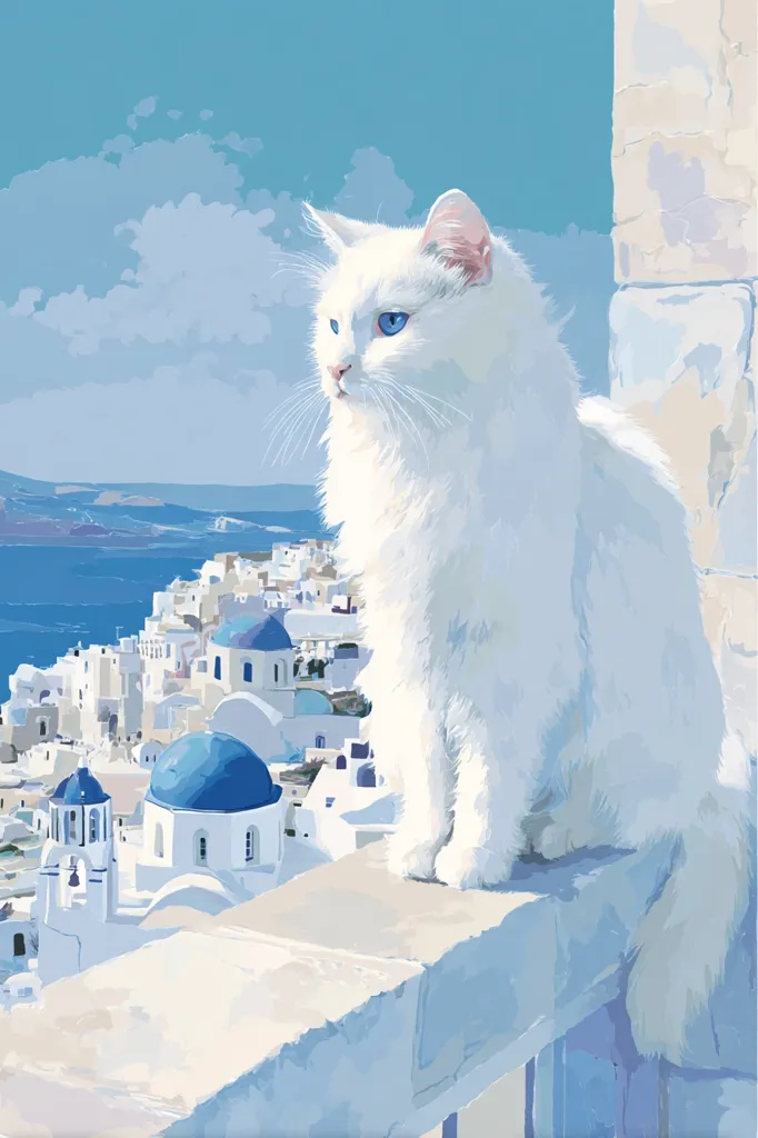 A fluffy white cat with striking blue eyes sits perched on a white wall overlooking a picturesque cityscape.  The buildings below are whitewashed with blue-domed churches, characteristic of a Greek island setting. The ocean stretches out beyond, under a bright, clear sky. The scene is serene and peaceful, capturing a moment of tranquil beauty.