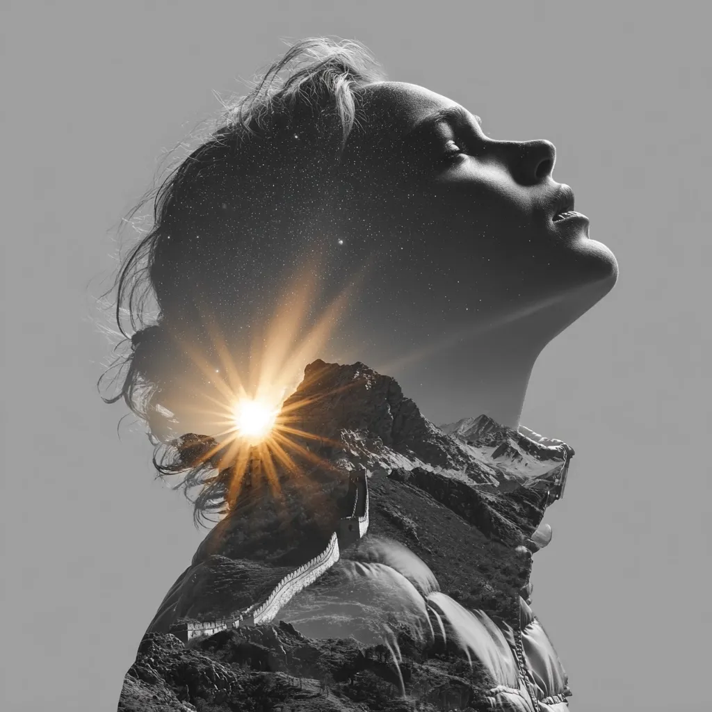 A double exposure photograph depicts a woman's profile superimposed with a mountainous landscape.  The woman's head and shoulders are visible, her face tilted upward.  The landscape features a sunrise, snow-capped peaks, and a portion of the Great Wall of China. The overall effect is dreamlike and evocative of inner strength and expansive horizons.  The grayscale palette enhances the image's contemplative mood.