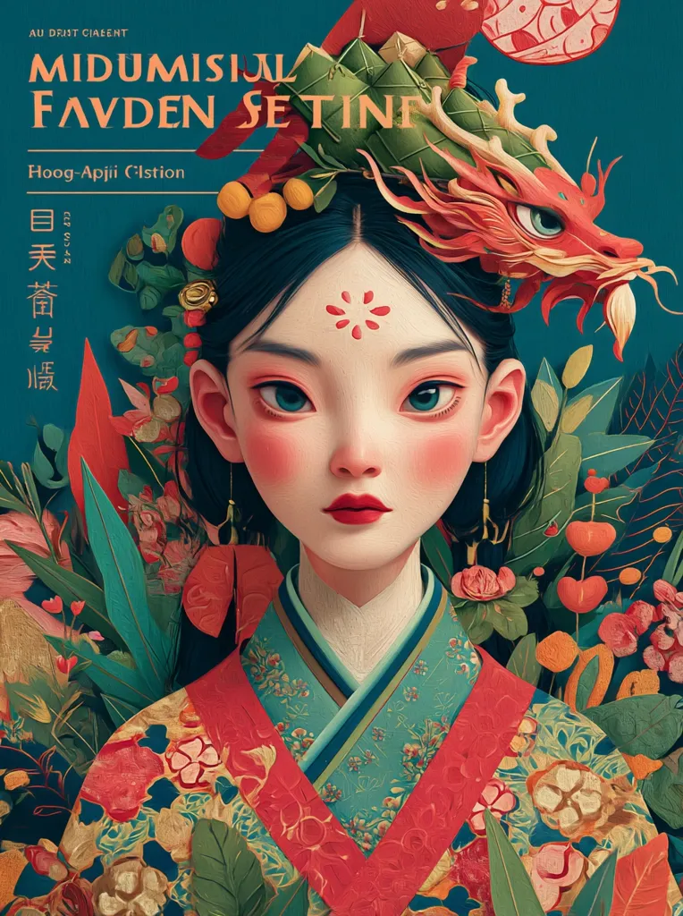 A stylized portrait of a young woman in traditional East Asian attire.  She wears a vibrant red and teal patterned kimono adorned with floral motifs.  Her elaborate headdress features a dragon and zongzi, suggesting a cultural celebration. The artwork is highly detailed, with a painterly texture and a rich color palette, evoking a sense of fantasy and elegance.