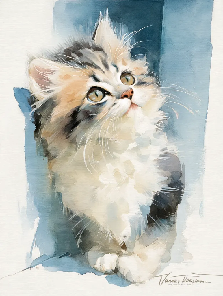 A watercolor painting depicts a fluffy calico kitten looking up.  The kitten is predominantly white with patches of grey and tan fur, its large, expressive eyes are wide and alert.  The style is loose and impressionistic, with soft blending of colors creating a sense of light and airiness. The background is a muted blue, suggesting a calm and serene atmosphere. The kitten’s posture conveys curiosity and gentleness.