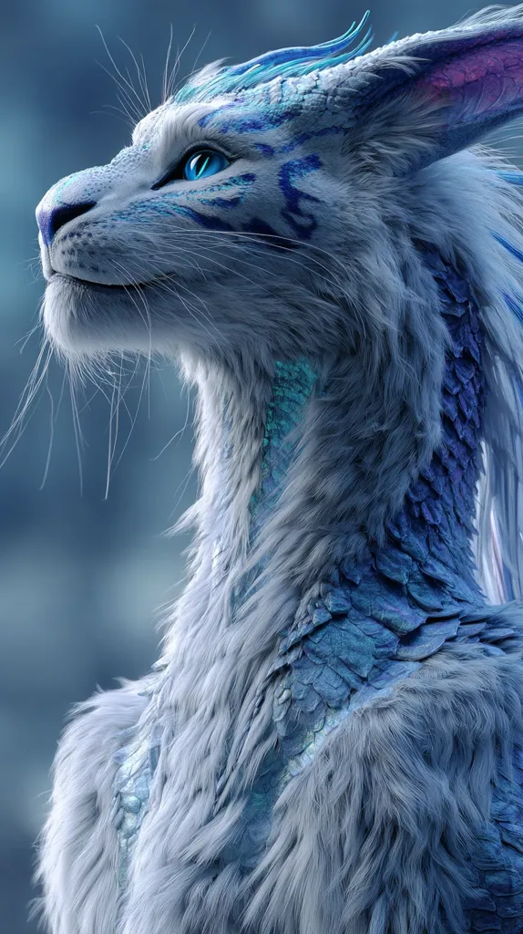 A digital rendering showcases a majestic creature, possibly a fantastical feline or dragon hybrid. Its predominantly white fur is accented by icy blue markings, scales subtly visible beneath the fur.  The creature possesses piercing blue eyes and delicate, almost rabbit-like ears tipped with purple. It gazes upward with an air of serene majesty. The background is a soft, blurred blue.