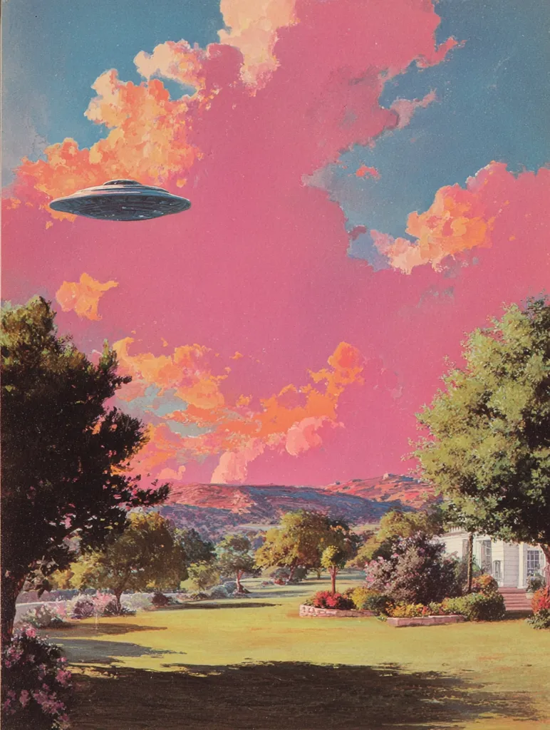 A UFO hovers serenely above a picturesque landscape bathed in a vibrant, surreal sunset.  Pink and orange clouds dominate the sky, contrasting with the lush green lawn and mature trees surrounding a white house nestled in the tranquil scene.  The overall impression is one of otherworldly calm and beauty.