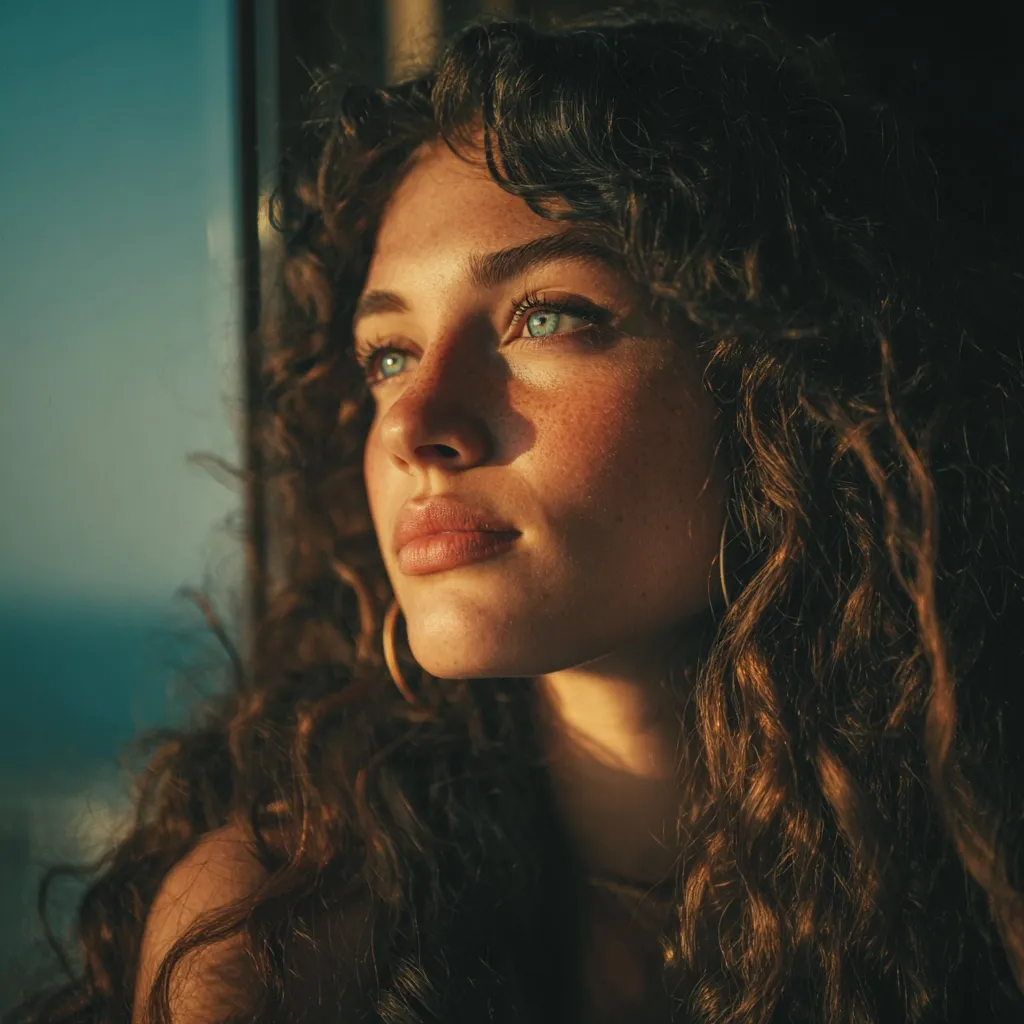 A young woman with long, curly brown hair gazes pensively out a window, bathed in the warm glow of sunset.  Her freckled face, highlighted by the golden light, reveals striking blue eyes.  A simple gold hoop earring dangles from her ear. The overall mood is serene and contemplative.