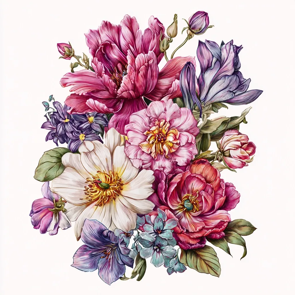 A vibrant bouquet of flowers, predominantly peonies in various shades of pink and red, is depicted.  Lighter-colored peonies and other blossoms, including purple and blue accents, add depth and contrast. The detailed illustration showcases the delicate textures and rich colors of each bloom, creating a lush and romantic floral arrangement.