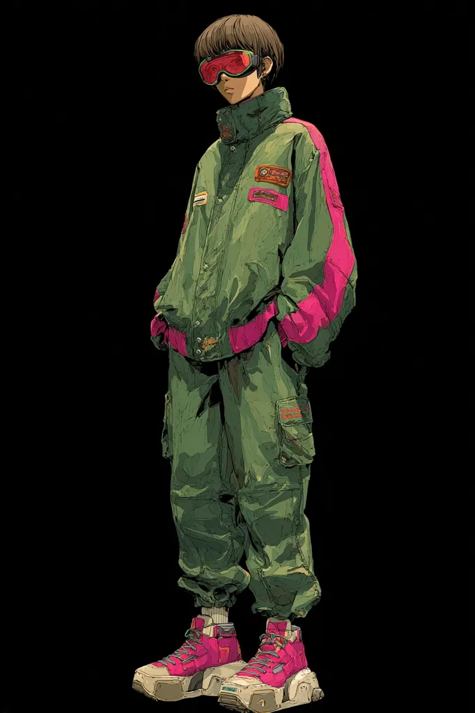 The illustration depicts a stylized anime-esque character, likely male, with short brown hair and red goggles. He's dressed in a loose-fitting, olive-green cargo jumpsuit with pink accents.  The outfit includes a jacket with patches and pockets, and chunky pink sneakers. The art style is detailed, with visible textures in the clothing, creating a slightly gritty, urban feel.  The background is plain black, focusing attention on the character.