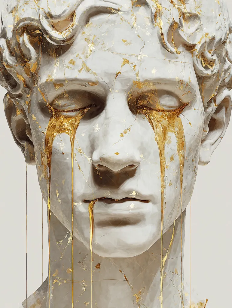 A close-up depicts a classical bust, seemingly sculpted from marble, yet adorned with streaks of golden liquid that resemble tears flowing from its closed eyes.  The gold accents highlight the cracks and crevices of the stone, adding a layer of opulent decay. The overall effect is one of melancholic beauty and artistic contrast between ancient form and modern embellishment.