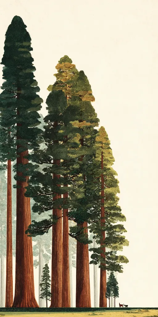 A stylized illustration depicts a grove of majestic redwood trees.  Their towering, reddish-brown trunks contrast with the deep green foliage of their crowns.  The trees vary in height, creating a sense of depth and age.  Smaller trees and a hint of a landscape are visible in the background, suggesting a vast, untouched forest. Two small figures, possibly deer, are barely visible at the base of the trees. The overall style is reminiscent of vintage botanical art or a nature print.