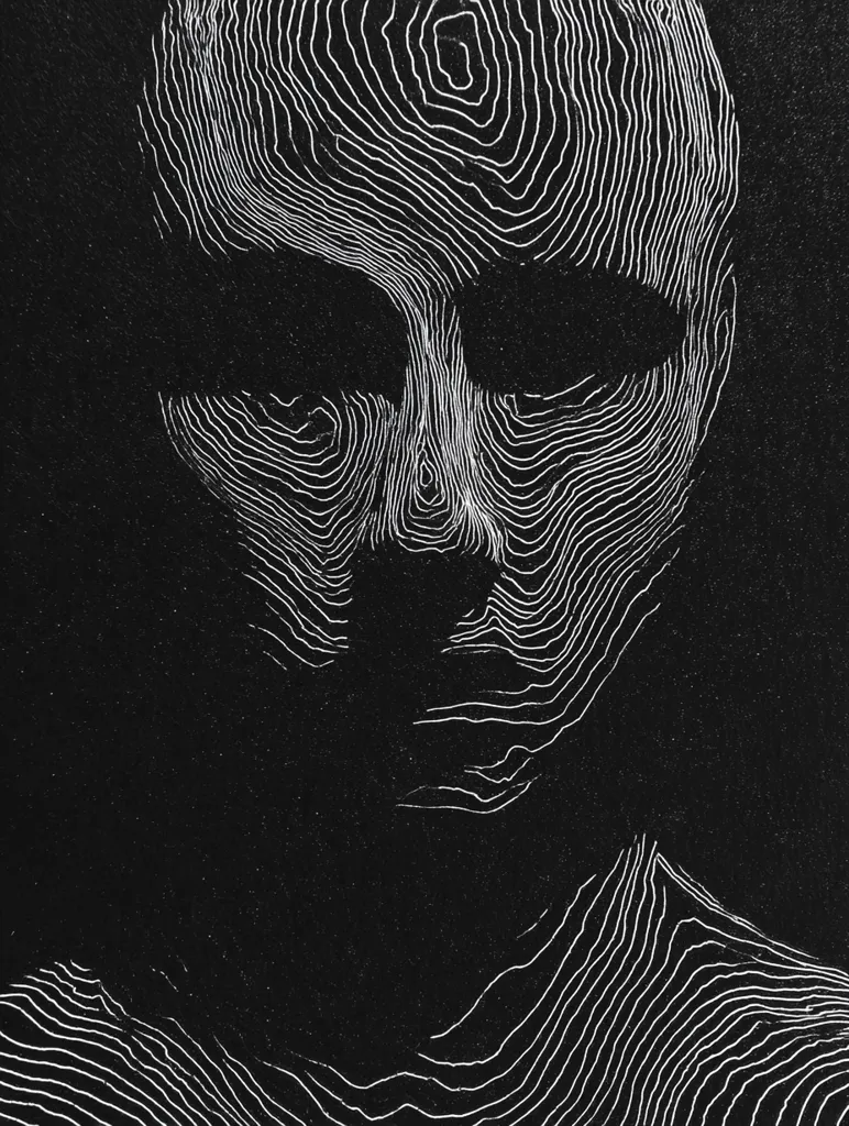 A monochromatic artwork depicts a face rendered in intricate, concentric white lines against a dark background.  The lines create a topographical effect, mapping the contours of the face with depth and texture.  The style is minimalist and abstract, focusing on the form and texture rather than realistic detail. The overall effect is one of mystery and subtle intensity.