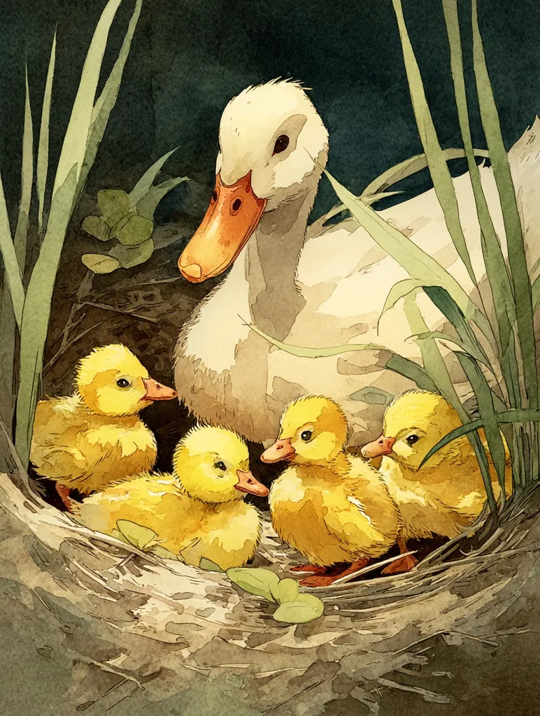 A watercolor painting depicts a mother duck and her four ducklings nestled in a cozy nest. The mother duck, a creamy white, watches over her bright yellow offspring.  Tall grasses surround the nest, creating a secluded haven. The soft, muted colors and delicate brushstrokes evoke a sense of peace and tranquility. The scene is idyllic, capturing the warmth and tenderness of motherhood in nature.