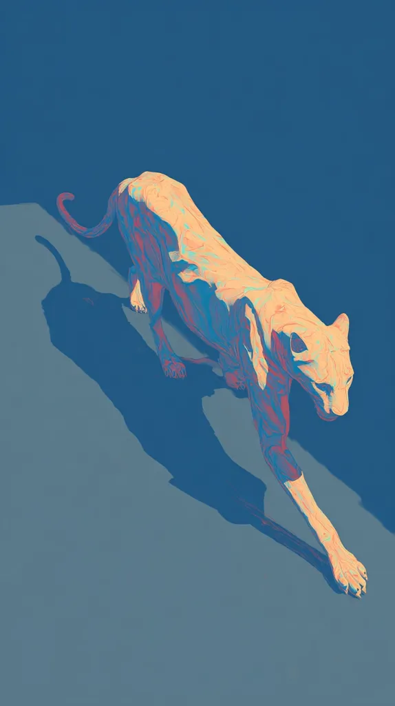 A stylized illustration depicts a large cat, possibly a cougar or panther, viewed from above.  Its body is a pale, peachy-orange with subtle blue undertones, creating a textured, almost sculptural appearance. The cat is walking, its long shadow stretching across a muted blue-grey ground.  The overall style is minimalist and graphic, with a focus on form and color.
