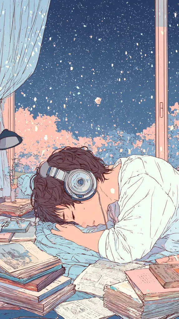 A young person with brown hair, wearing headphones, sleeps peacefully amidst a stack of books.  The scene is softly lit, with a starry night visible through a window draped with sheer curtains. Pink blossoms are subtly visible outside, creating a calm and serene atmosphere. The overall style is reminiscent of anime or manga artwork.