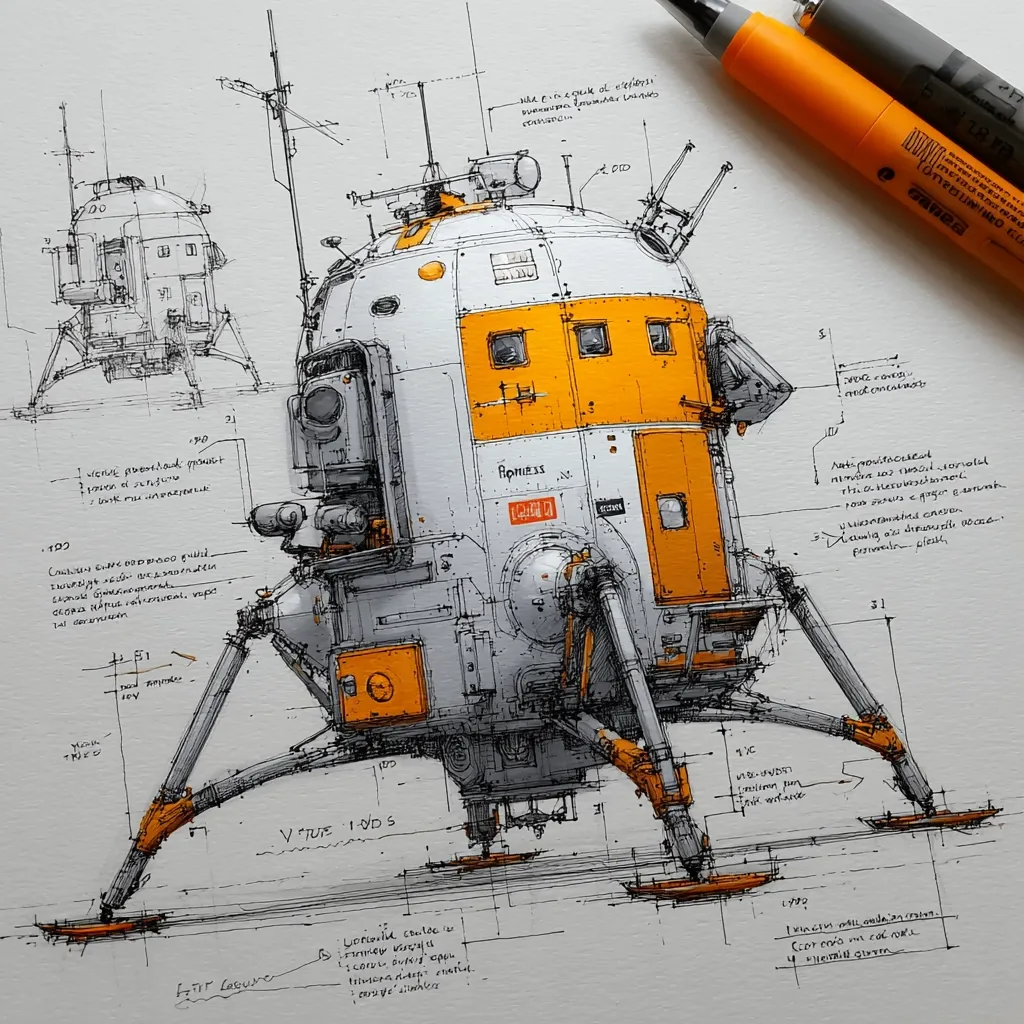 A detailed technical drawing showcases a futuristic lunar lander, "V707 I-ND5," rendered in meticulous pen and ink. The spacecraft features a spherical body with orange and gray accents, detailed legs, and various antennas. Accompanying notes and dimensions are inscribed in a foreign language, possibly Russian, suggesting a design specification or technical blueprint.  The image includes two views of the lander and two fine-liner pens.
