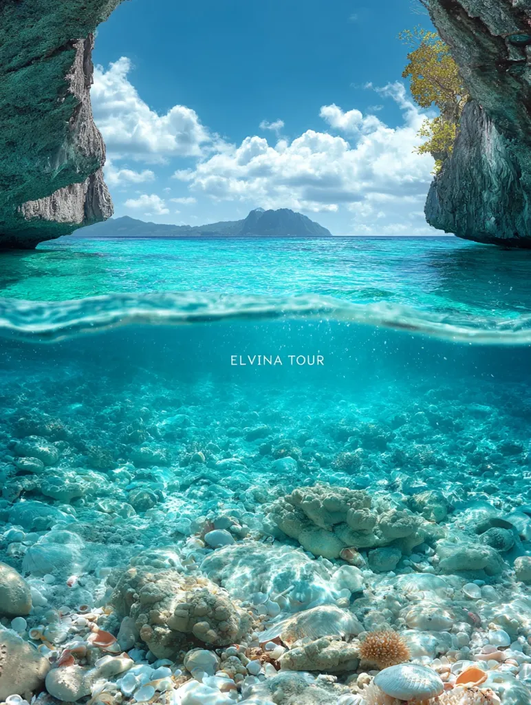 A breathtaking split-level view reveals a hidden cove.  Crystal-clear turquoise water laps against rocky shores, framed by a natural rock archway.  The underwater scene showcases a vibrant seabed with coral and seashells.  A distant mountain range adds to the idyllic tropical landscape. The image is branded with "ELVINA TOUR."
