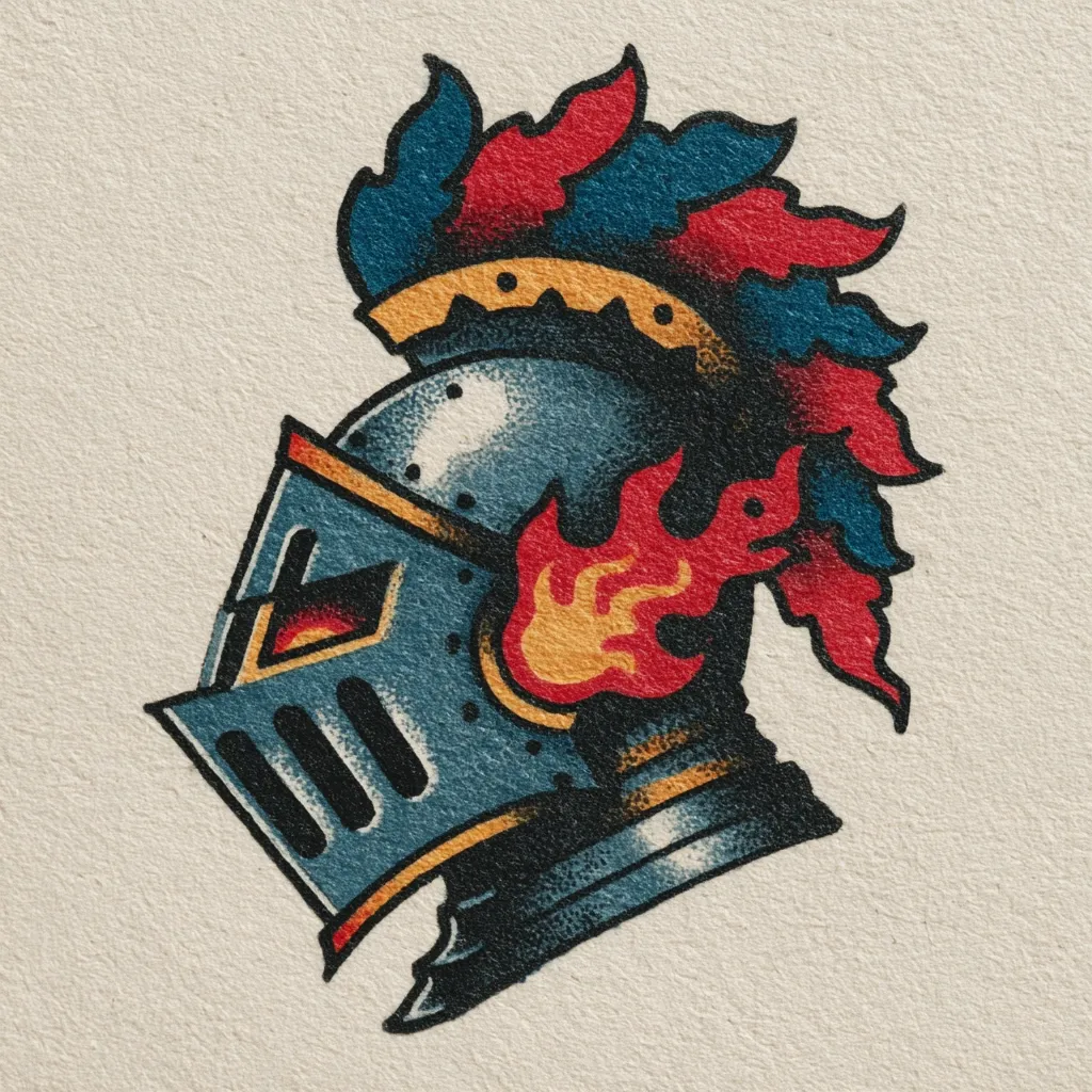 A stylized illustration of a knight's helmet, rendered in the traditional American tattoo style.  The helmet is teal and gold, adorned with vibrant red and blue flames emanating from the crest.  The detail is meticulous, showcasing a textured appearance suggesting stippling or dotwork. The overall design is bold and dramatic, embodying themes of courage and chivalry.