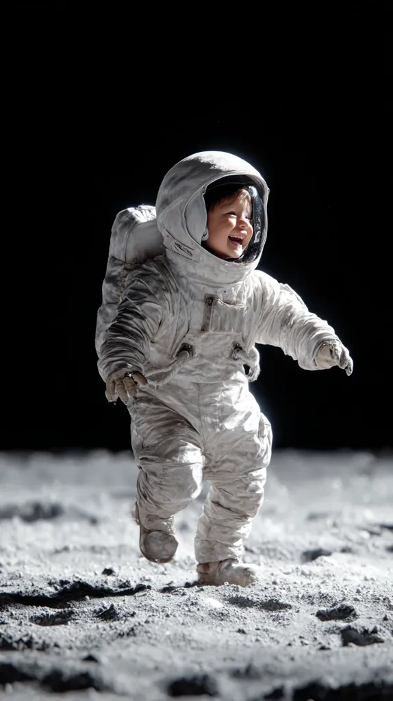 A toddler, joyfully smiling, strides across the lunar surface in a miniature spacesuit.  The child's helmet is slightly ajar, revealing a cheerful expression.  The grainy lunar landscape contrasts with the pristine white suit, creating a captivating image of youthful exploration and adventure. The black background emphasizes the vastness of space.
