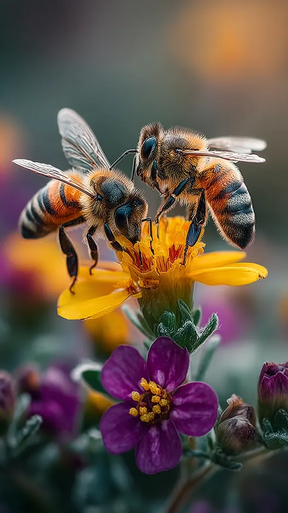 Two honeybees are captured in a close-up shot, meticulously collecting pollen from a vibrant yellow flower.  The bees' fuzzy bodies and intricate wing details are sharply in focus, contrasting with the soft-focus background of purple and yellow blossoms.  The image showcases the delicate interaction between pollinators and flowers in a natural setting, highlighting the beauty of both insects and flora.