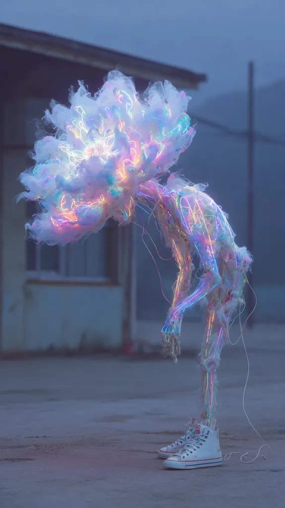 A surreal digital art piece depicts a luminous, ethereal figure.  Its body appears skeletal, formed from glowing, iridescent lines, topped with a fluffy, light-colored cloud-like head.  The figure is bent over, its feet clad in white sneakers, standing on a muted, grey concrete surface.  The background features a blurred building and a hazy sky, lending an otherworldly atmosphere to the scene. The overall effect is dreamlike and poignant.