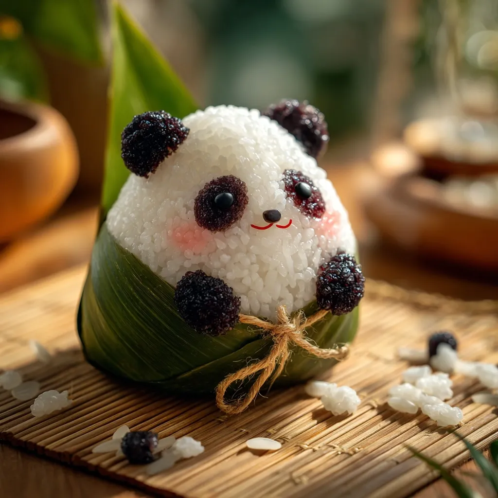 An adorable panda-shaped rice ball sits on a bamboo mat.  The rice forms the panda's body, while small, dark berries create the eyes, ears, and paws.  The rice ball is wrapped in a green leaf and tied with twine, adding to its charming presentation.  Scattered rice grains surround the panda, enhancing the overall cute and whimsical aesthetic.