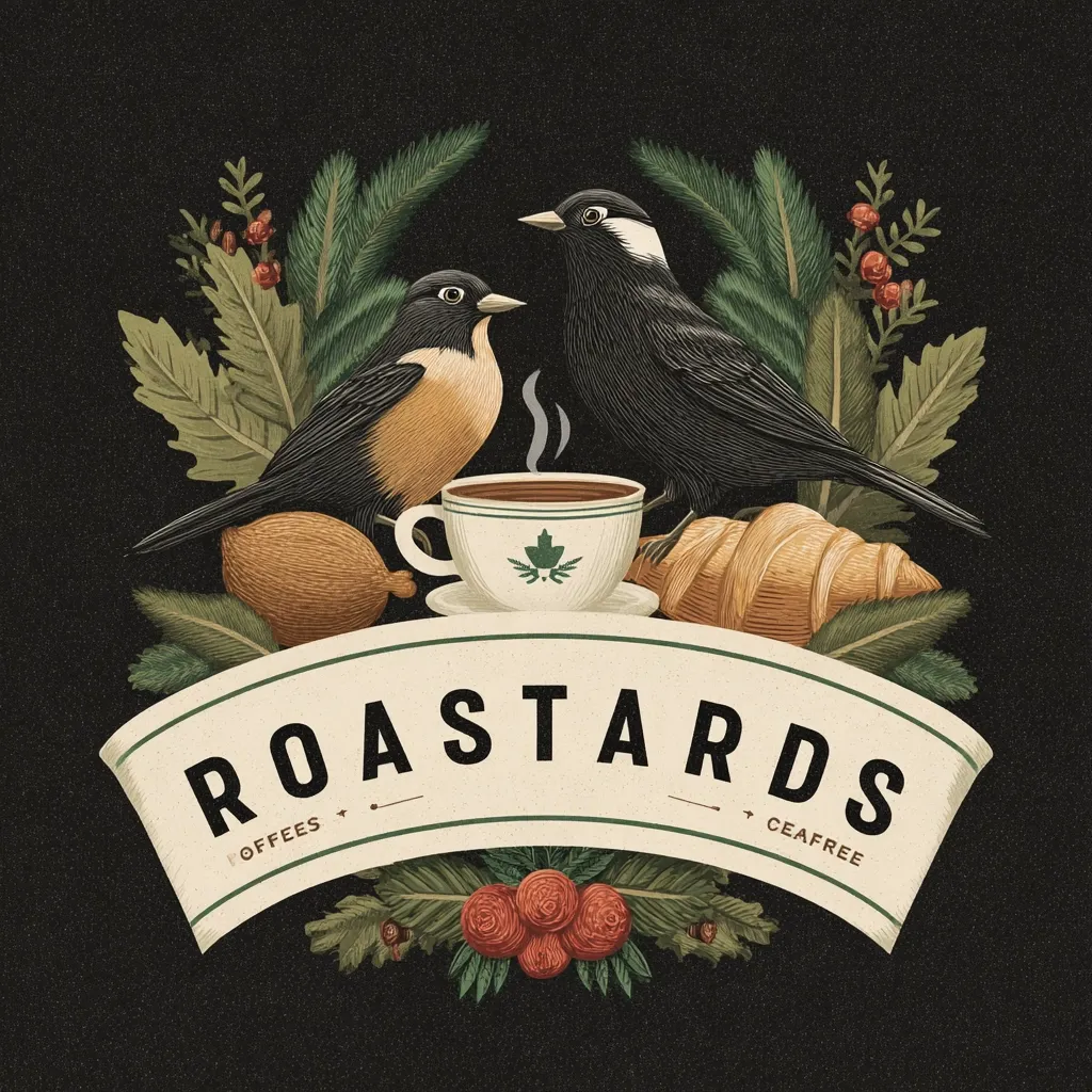 A logo for Roastards Coffees, a caffiene-free coffee brand.  The design features two birds perched on a wreath of winter foliage surrounding a cup of coffee, a croissant, and fruit.  The text "Roastards" is prominently displayed on a banner below, with "Coffees" and "Caffree" subtly included on either side. The overall style is vintage and illustrated, creating a cozy and inviting feel.