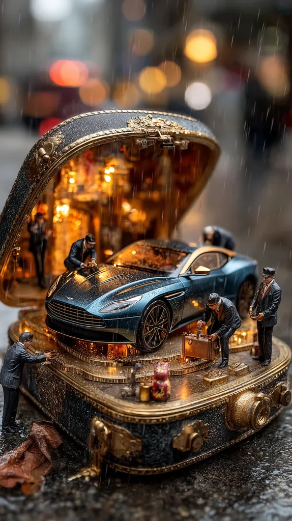 A meticulously crafted diorama depicts a dark-blue Aston Martin sports car nestled inside an ornate, open jewelry box.  Miniature figures in suits surround the car, some appearing to be mechanics or attendants, adding to the scene's intricate detail.  Rain falls on the scene, enhancing the atmospheric mood, creating a captivating miniature world within the box.  The setting suggests a luxurious, perhaps clandestine, operation.