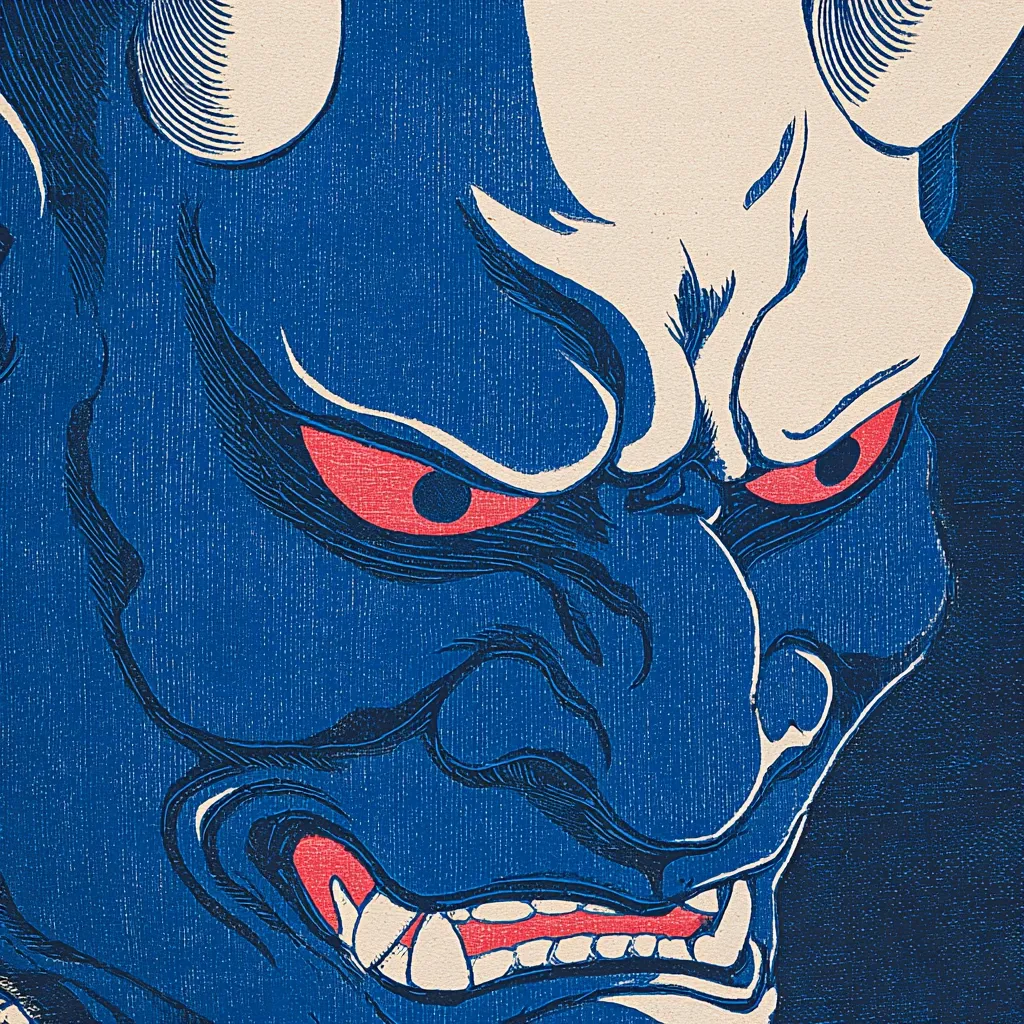 A close-up illustration showcases a demonic mask, predominantly blue with red eyes.  The Oni mask's features are sharply defined, highlighting a fierce expression with bared teeth and prominent horns. The style suggests a woodcut print, possibly Japanese in origin, with a textured, almost fabric-like appearance. The color palette is limited, enhancing the intensity of the gaze.