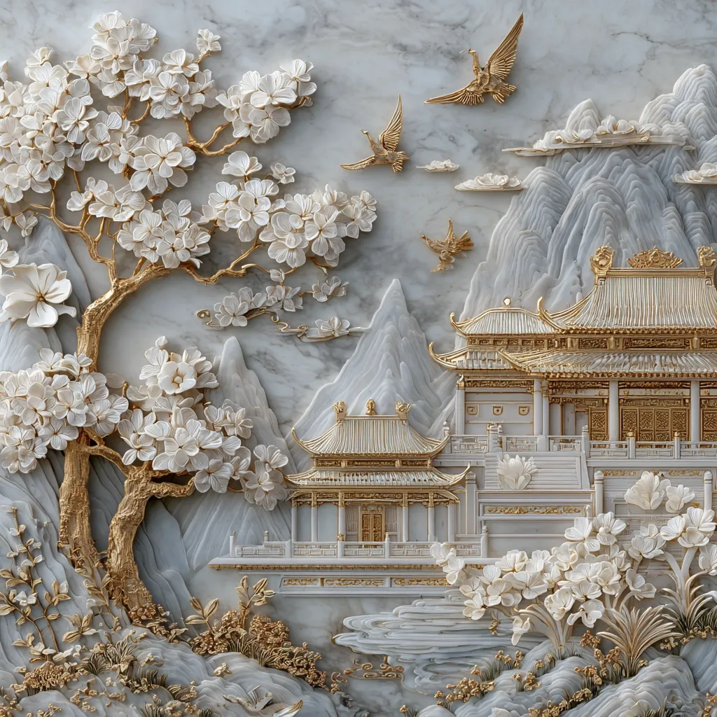 A stunning bas-relief carving depicts a serene Asian landscape.  White blossoms of a flowering tree, rendered in delicate detail, frame a golden temple nestled amongst intricately carved mountains.  Birds in flight add a sense of movement to the peaceful scene, all crafted in shades of white and gold against a marble background, creating an elegant and sophisticated aesthetic.