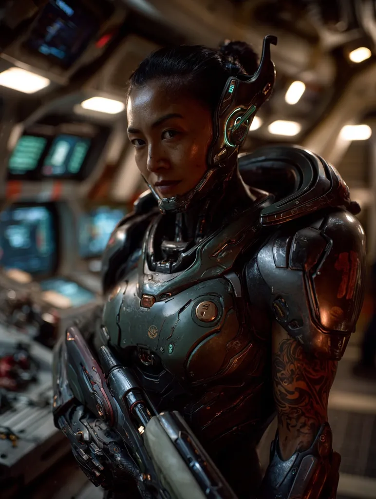 A female soldier, clad in advanced, dark-colored battle armor with intricate details, stands alert in a dimly lit, futuristic setting.  She holds a futuristic weapon, and a visible tattoo adorns her arm.  The background suggests a spaceship or military installation, filled with technological displays and equipment.  Her expression is serious and intense, conveying readiness for combat.