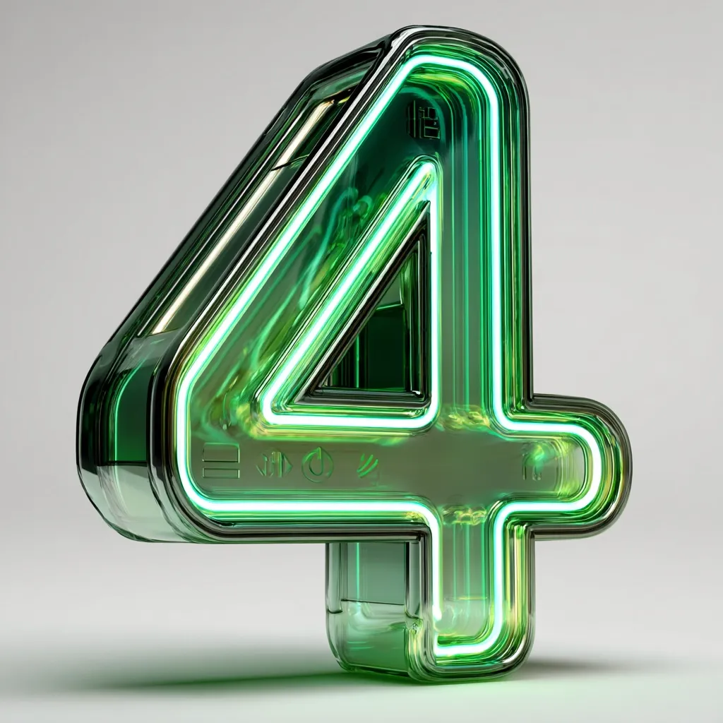 A three-dimensional rendering of the number four.  The numeral is depicted in a stylized, glass-like material with a vibrant green neon outline.  The glass appears thick and slightly reflective, giving it a weighty and modern feel.  Small, indistinct symbols are visible within the glass. The background is a simple, light grey.