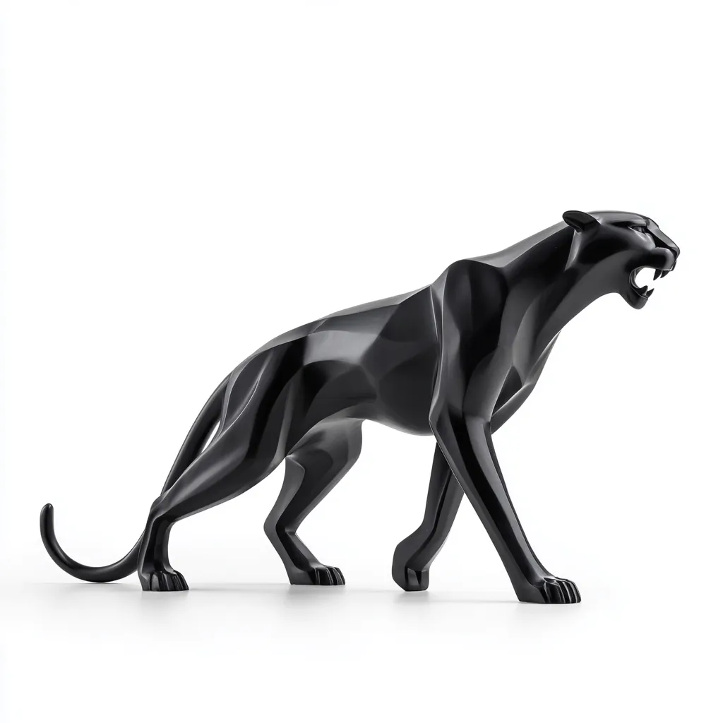 A sleek, black panther sculpture is captured in a side profile view against a stark white background.  The panther's form is stylized with sharp, angular facets, giving it a modern and geometric aesthetic.  Its posture suggests alertness and readiness, with its mouth slightly open in a snarl. The sculpture is monochromatic, highlighting its bold lines and form.