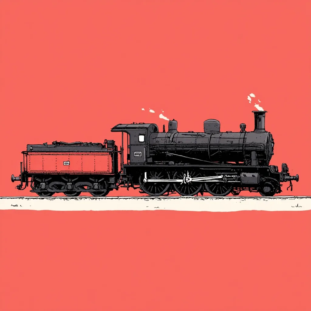 A meticulously detailed illustration showcases a vintage steam locomotive against a vibrant coral backdrop.  The train, rendered in black and white, features a red cargo car attached to the engine.  Small puffs of smoke subtly emanate from the smokestack, adding to the nostalgic charm of the image. The style is reminiscent of a classic railway poster or print.