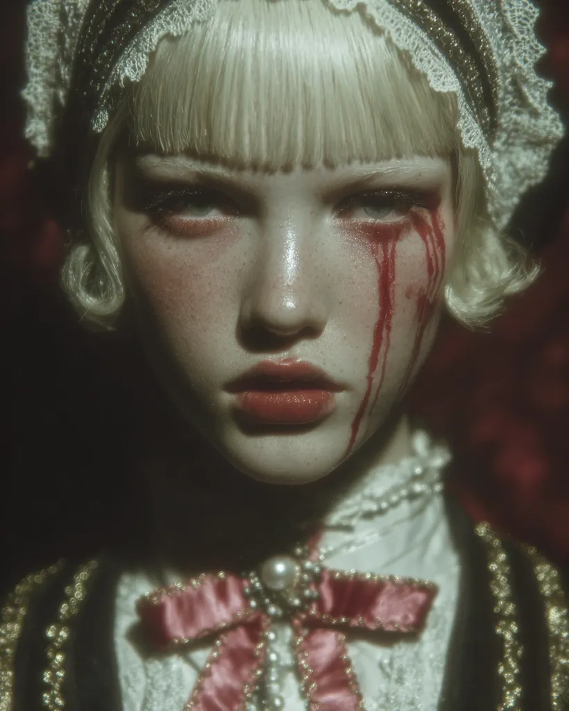 A young woman with pale skin and blonde bangs, wearing a lacy white headpiece and a dark ornate dress, is depicted.  Tears of blood stream down her face, creating a dramatic and unsettling contrast to her delicate appearance and the pink bow at her neck. The image has a dark, gothic aesthetic, hinting at a story of sorrow or violence.