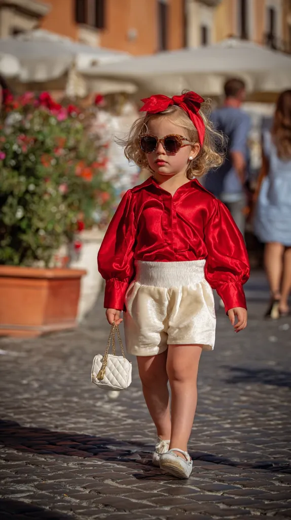 A stylish young girl strolls down a cobblestone street, carrying a small white purse.  She's dressed in a vibrant red satin shirt and cream-colored shorts, accessorized with sunglasses and a red headband. The backdrop is a sunny European city street with blurred-out buildings and pedestrians.  Her confident stride and fashionable outfit create a charming scene.