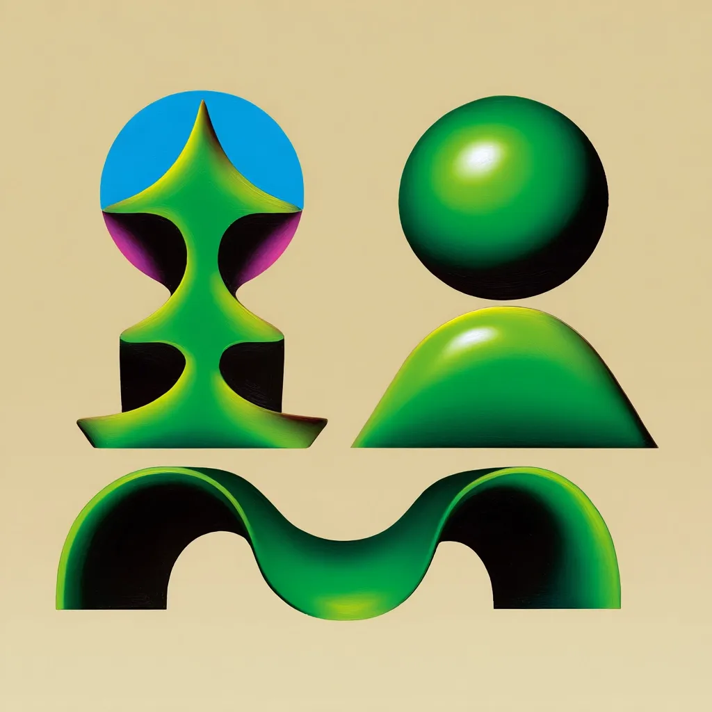 The artwork features three abstract, three-dimensional forms against a pale beige background.  A central green structure resembles a stylized tree, capped with a vibrant blue circle.  To its right, a smooth green sphere rests atop a matching, rounded base.  Below these, a wavy, tunnel-like green form completes the composition, suggesting a landscape or symbolic representation.  The use of bright colors and polished surfaces creates a sleek, modern aesthetic.