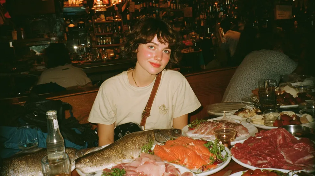 A young woman with short brown hair sits at a restaurant table laden with a variety of raw seafood and meat.  She's wearing a cream-colored t-shirt and looks directly at the camera.  The setting appears to be a dimly lit, possibly vintage, bar or restaurant with a liquor shelf visible in the background.  The scene suggests a celebratory meal or feast.