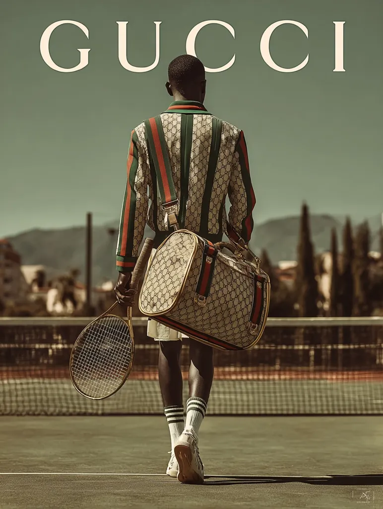 A person wearing Gucci apparel walks away from the camera on a tennis court.  They carry a Gucci tennis racket and matching travel bag.  The Gucci logo is prominently displayed above. The image is styled with a vintage, muted color palette. The setting suggests a sunny, outdoor location.