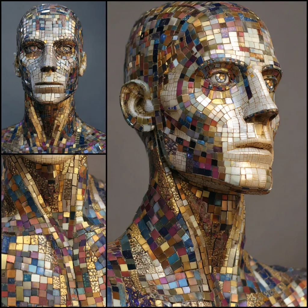 A striking mosaic sculpture depicts a human bust, meticulously crafted from small, multicolored square tiles.  The artist's skill is evident in the lifelike portrayal of the face and the seamless integration of the tiles, creating a textured and visually rich surface.  The color palette ranges from warm golds to cool blues and purples, with subtle variations in tone throughout.  The overall effect is both modern and classical, showcasing a unique artistic vision.