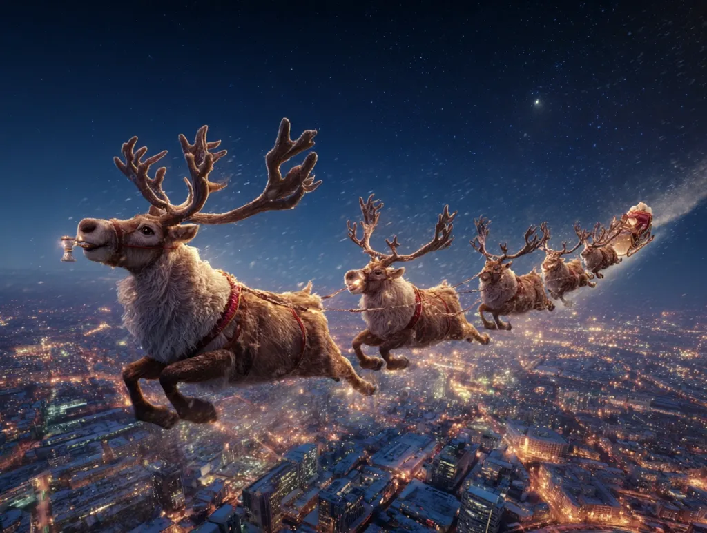 Santa's sleigh, pulled by a team of reindeer, soars through a snowy night sky above a sprawling city glowing with Christmas lights.  Snowflakes dance in the air as the lead reindeer, adorned with festive harness, leads the magical flight.  A starry backdrop adds to the enchanting winter scene.