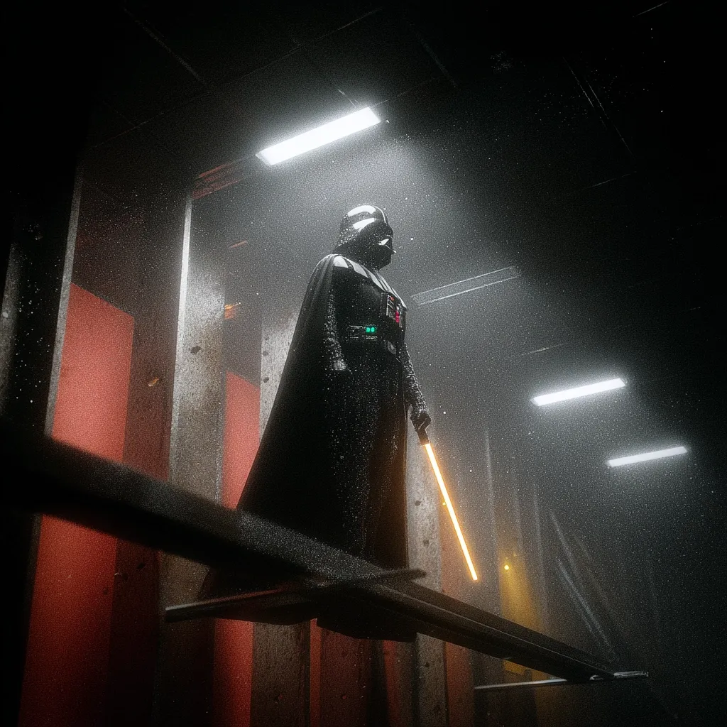 Darth Vader, the iconic Star Wars villain, stands silhouetted in a dimly lit, industrial setting.  Dust motes dance in the beams of fluorescent lights overhead. He holds his lightsaber, its orange blade glowing faintly.  The scene is dark and moody, emphasizing Vader's imposing presence and the desolate atmosphere.  The overall aesthetic is gritty and cinematic.