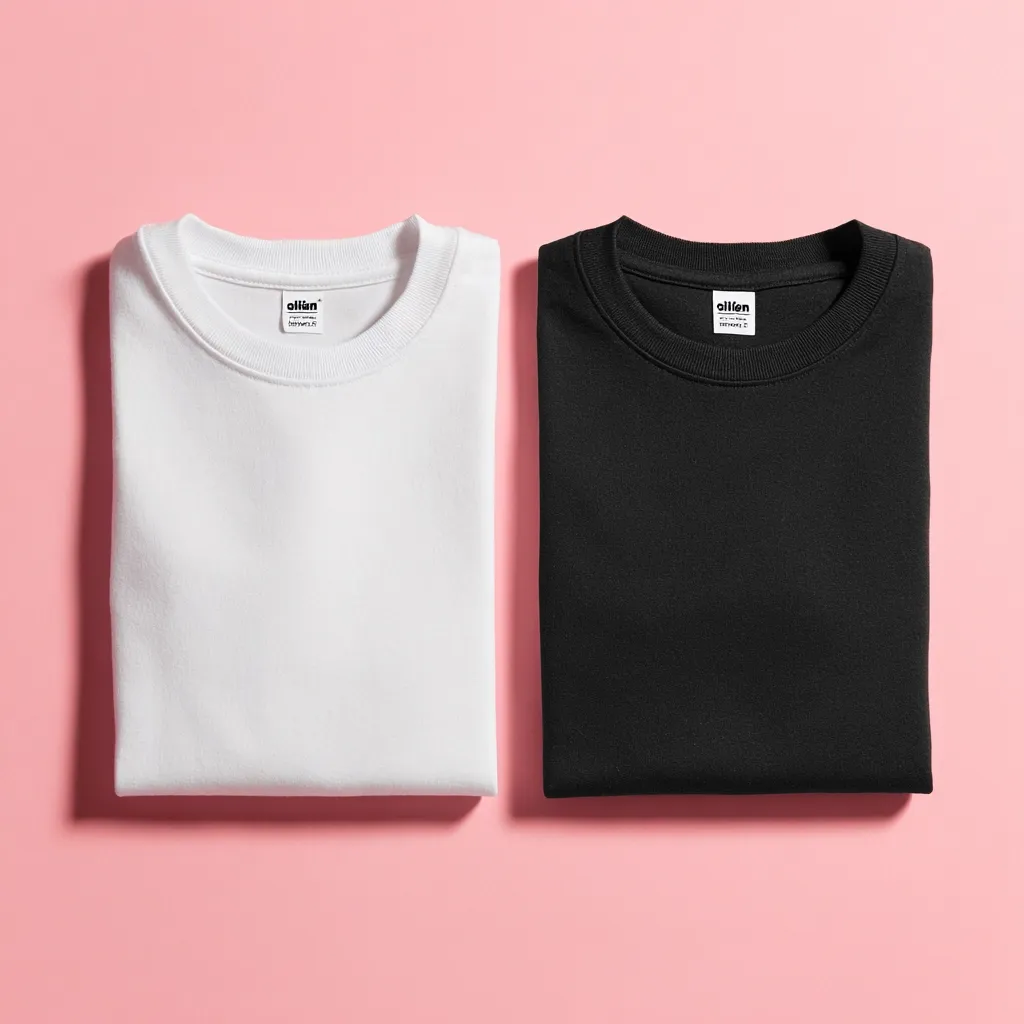 Two neatly folded crew-neck t-shirts are displayed against a pink background.  One is white, the other black.  Both shirts feature a small, minimalist label with the word "oiliin" visible. The image presents a clean, simple aesthetic, showcasing the plain t-shirts as blank canvases.