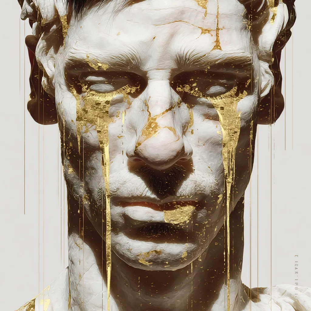 A close-up digital artwork depicts a bust of a man, seemingly sculpted from marble, with streaks of gold paint cascading down his face, resembling tears. The style blends classical sculpture with modern digital painting techniques.  The man's expression is somber and serious, his gaze directed forward. The gold accents contrast dramatically with the pale marble, creating a striking visual effect.