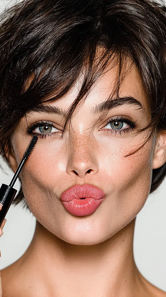 Close-up of a young woman with short, dark brown hair applying mascara. She has light skin with freckles, and her expression is playful, with her lips slightly puckered.  Her eyes are a light gray-green, and her makeup is otherwise minimal, emphasizing her natural beauty. The focus is sharp on her face and the mascara wand.