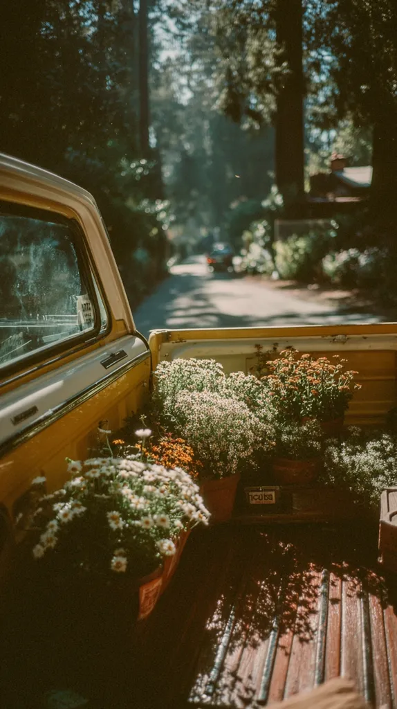 A vintage yellow truck bed is filled with various potted flowering plants, bathed in sunlight.  The truck is parked on a quiet, tree-lined road, suggesting a peaceful, rural setting.  The image evokes a feeling of nostalgia and tranquility, with a soft, warm color palette.  The focus is on the flowers and their vibrant colors contrasting against the aged wood of the truck bed.