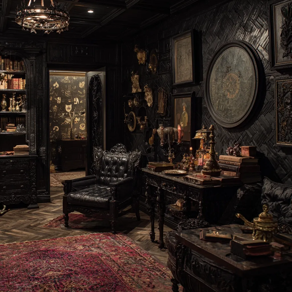 A darkly opulent room, adorned with black wood paneling and antique furnishings.  A leather armchair sits before a console table laden with books and ornate objects.  The walls are densely decorated with framed artwork, mirrors, and sculptures, creating a dramatic, gothic atmosphere.  A rich, dark rug anchors the seating area, complementing the room's overall somber elegance.  The space exudes a sense of history and mystery.