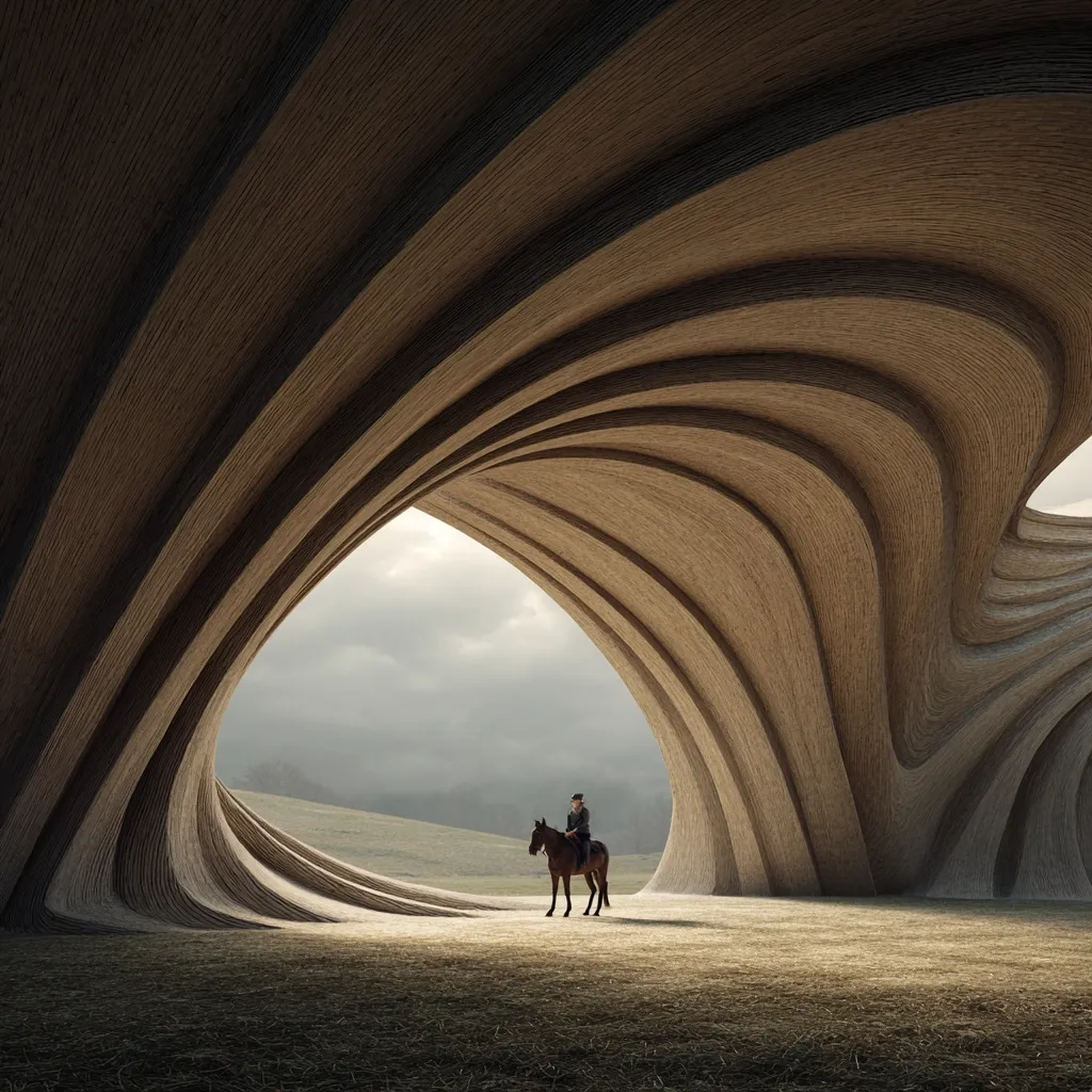 A lone rider sits atop a brown horse within a large, organically shaped structure.  The structure's walls are composed of layered, curving elements resembling wood or compacted earth, creating a dramatic, cavernous interior.  A muted landscape, featuring rolling hills under a cloudy sky, is visible through a large opening in the structure's far wall.  The scene evokes a sense of quiet solitude and architectural wonder.