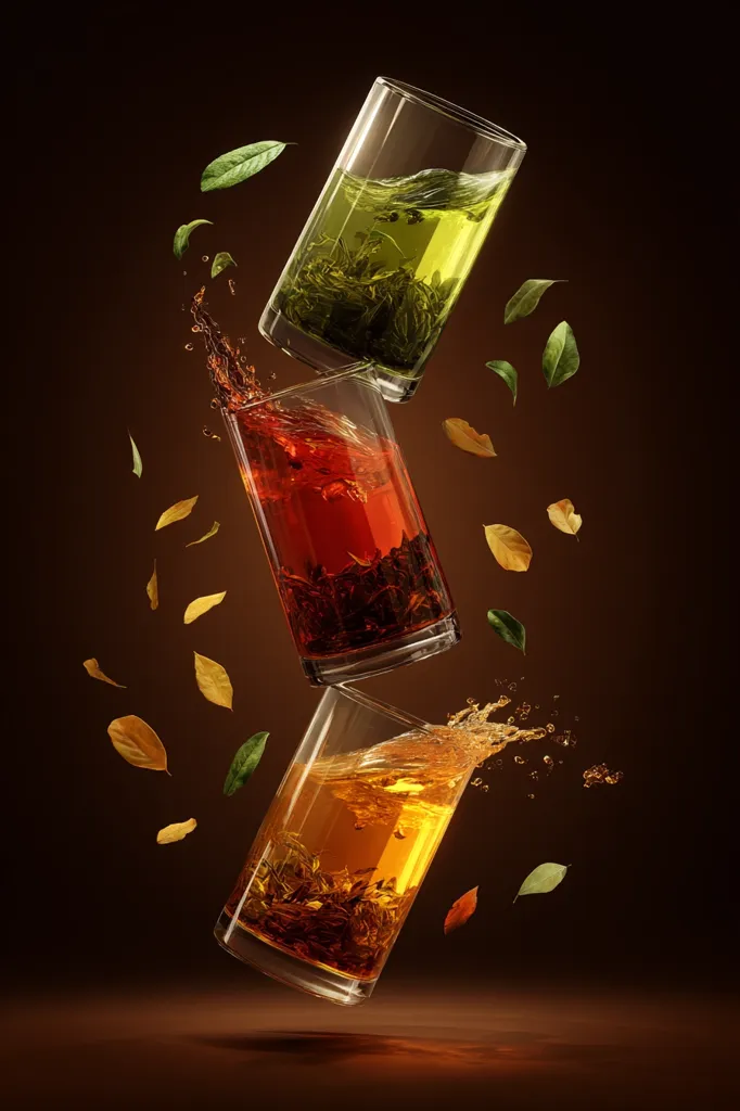Three glasses of tea, green, black, and oolong, are captured mid-air, creating a dynamic splash.  Loose tea leaves float around them against a dark brown background. The image suggests a vibrant and refreshing tea experience, emphasizing the different types of tea and their rich colors.  The glasses are partially overlapping, adding a sense of movement and energy to the composition.