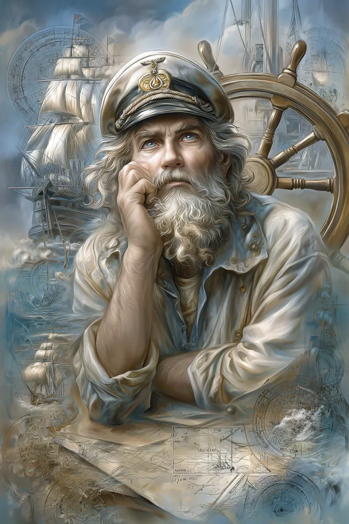 A portrait of an elderly, long-haired sea captain in a captain's hat, thoughtfully resting his chin on his hand.  He's depicted against a backdrop of sailing ships, nautical charts, and a ship's wheel, evoking a sense of seafaring adventure and contemplation.  The artistic style is highly realistic, with detailed rendering of textures and fabrics.  The overall mood is nostalgic and reflective.
